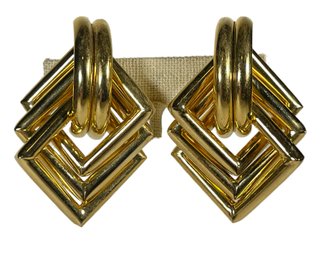 Large 1980s Gold Tone Geometric Shaped Earrings Ear Clips