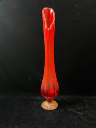 Mid Century Le Smith Swung Glass Red Yellow Amberina Flame Stretch Vase