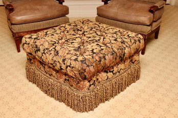Taupe And Black Floral Pillow Tufted Ottoman With Opulent Rope Fringe And Trim