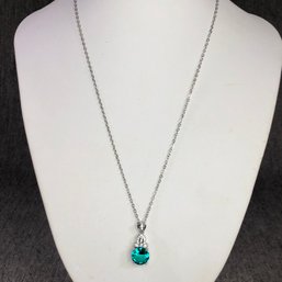 Lovely Sterling Silver / 925 Necklace With Sterling Silver Pendant With Teal Green Topaz Pendant And Zircons