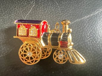 Vintage Smithsonian Steam Engine Train Brooch With Embellished Inlay