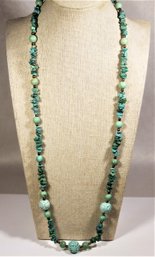 Vintage Chinese Carved Turquoise Beaded Necklace Elongated 26' Long