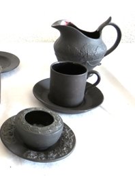 Wedgwood Black Basalt Creamer, Espresso Cup And Scrolled Bowl With Saucers