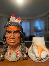 Grouping Of Native American Indian Chief Chalkware Statue By Universal Statuary Corp &  1978  Nemadji Pottery