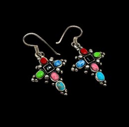 Sterling Silver Multi-Gem Cross Earrings With Turquoise And Onyx