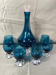 MCM Aseda Swedish Teal Blue Glass Decanter Set With 6 Cordial Glasses No Chips