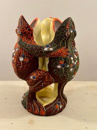 Vintage 1920s Japanese Satsuma Pottery Dancing Frogs Moriage Spill Vase