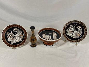 Handmade Decorative Greek Plates And Bowl Collection And Signed Wooden Bud Vase
