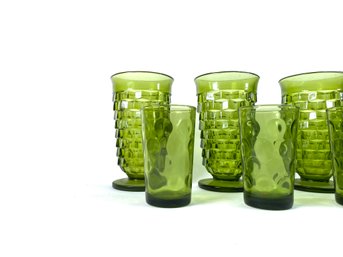 Vintage Indiana Glass Avocado Green Whitehall Footed Tumblers & Thumbprint Juice Cups