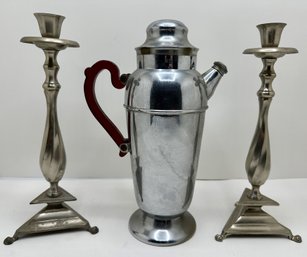 Mid-Century Chromed Cocktail Shaker With Red Bakelite Handle & Set Candle Sticks