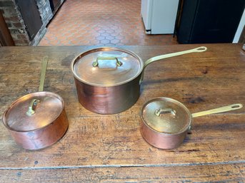 Three Vintage Copper & Brass Sauce Pans With Lids