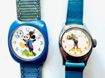 2 Vintage Mickey Mouse Watches: Disney Time Wristwatch Automatic 6640-6020 & Ingersoll Watch, Japan