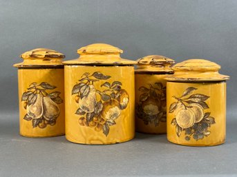 A Great Set Of Vintage Ceramic Canisters In Harvest Gold, Fruit Motif