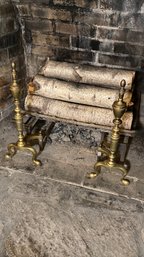 Antique Brass Sheffield NY Andirons 8wX20hX16d And Iron Log Cradle With Birch Logs