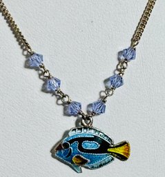 BEAUTIFUL STERLING SILVER LAVENDER CRYSTALS ENAMELED FISH NECKLACE