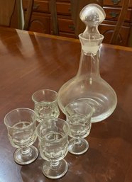 Vintage Clear Glass Decanter Plus Four Stemware Glasses