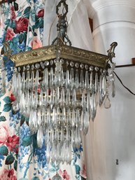 Lovely Vintage Multi Tier Crystal Chandelier - Gilt Brass Details - Very Pretty Fixture - In Working Condition