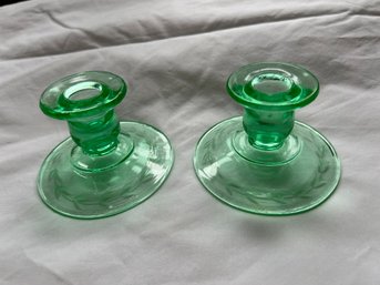 Green Uranium Glass Candleholders With Floral Etching