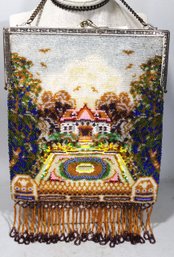 Antique Victorian Glass Beaded Purse Depicting House And Garden