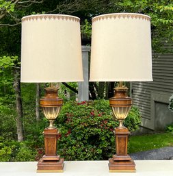 Impressive Pair Of Stiffel Wood And Lamps Mounted On Brass