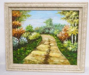 Signed Oil On Canvas Of A Tree Lined Pathway