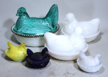 Lot Of 6 Vintage Antique Glass Hens On Nests Covered Dishses