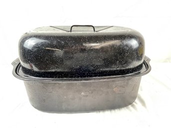 Vintage Roasting Pan Black Speckled Enamel Roaster With Lid