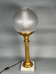 Antique Brass Column Fluted Glass Globe Lamp On Marble Base