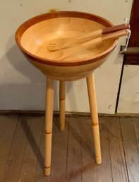 New Wooden Salad Bowl With Stand & Servers