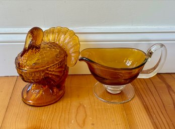 Amber Colored PG Turkey Candy Dish And Crystal Sauce Bowl