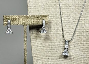 Vintage 1980s Silver Tone CZ Necklace And Matching Pierced Earrings Set