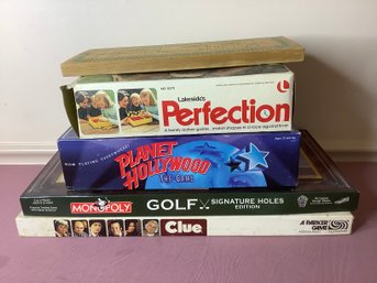MIXED GAMES LOT- PERFECTION, PLANET HOLLYWOOD, MONOPOLY GOLF, AND CLUE