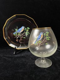 West Virginia Glass American Song Birds Decorative Plate And Snifter Glass With A Blue Bird On Them