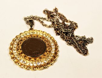 1905 Indian Head Penny Gold Tone Rhinestone Pendant Necklace