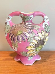 Meiji Period (1880-1912) Pink Earthenware Vase With Moriage Enamel Detailing