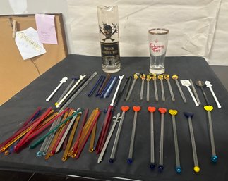 Treasure Lot Of Bar Accessories Carlsberg Beer Glass, Poison Laboratory Glass, Blown Glass Swizzles. SH/A3