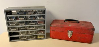 Vintage Union Red Metal Tool Box & Stack Master Storage (T)