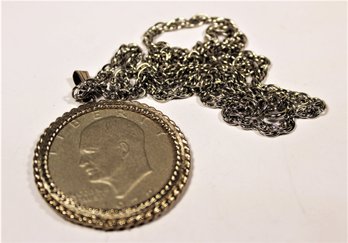 Silver Tone Chain Necklace Having 1972 Eisenhower Silver Dollar Coin