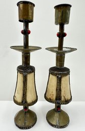 Pair Vintage Moroccan Handmade Bone Candle Holders