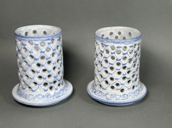 Blue & White Candle Holders, Made In Portugal