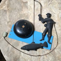 Amazing Vintage Pull Chain Doorbell With Fisherman / Fly Fisherman - Pull Chain And Bell Rings - Great Piece