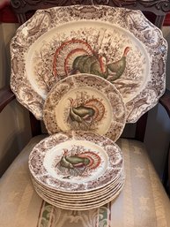 Huge Wild Turkeys Native American Windsor Ware Serving Platter And 9 Matching Plates - Johnson Bro's England