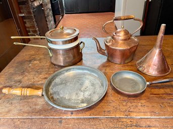 Vintage Copper Including Double Boiler, Tea Kettle, Crepe Pan & Funnel