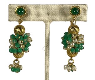 Vintage Gold Tone Dangle Earrings Ear Clips Faux Pearl Green Bead