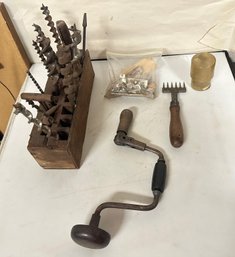 Vintage Ratchet Hand Drill Brace, Chipper Pick, Russell Jennings Auger Bit Set Tool Box.  A5