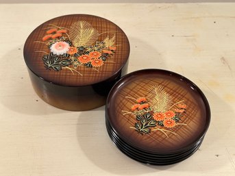 Vintage MCM Otagiri Gold Tone Coasters With Holder Box Lacquerware Japan