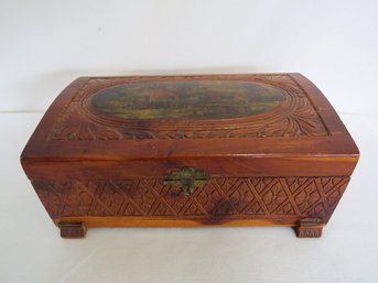 Carved Wooden Trinket Box With Dome Shaped Decoupaged Top