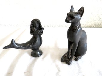 Black Hard Stone Egyptian Cat  And Mermaid Figures