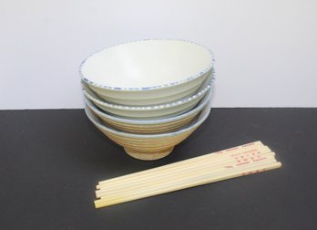 4 Asian Rice Bowls With Chop Sticks