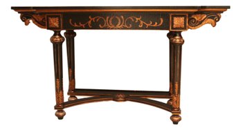 Handpainted Floral And Fauna French Boulle Style Copper Ebony Console Table
